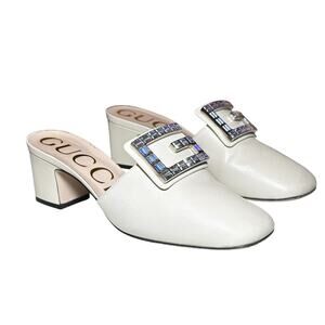 Gucci Madelyn 60 Crystal Square G Logo Ivory Malaga Kid Mules Slides Heels 37.5